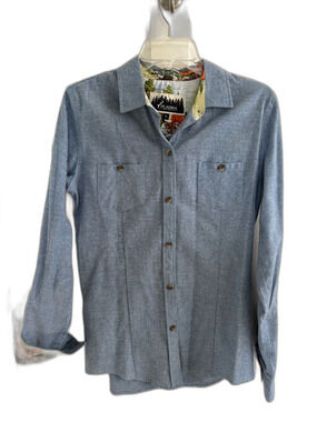 EUC Pladra Women's Button 100% Cotton Shirt Blue Chambray Flannel Size S USA